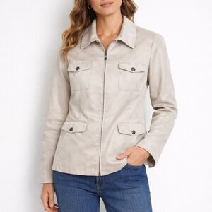 Evan Picone Beige Zip Front Jacket Women Size 18 Utility Chore Pockets Coat